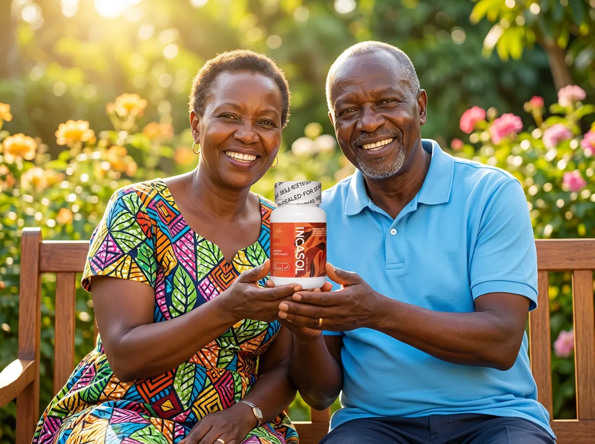 Kenyan couple relaxing on a summer patio, supporting heart health together with Incasol