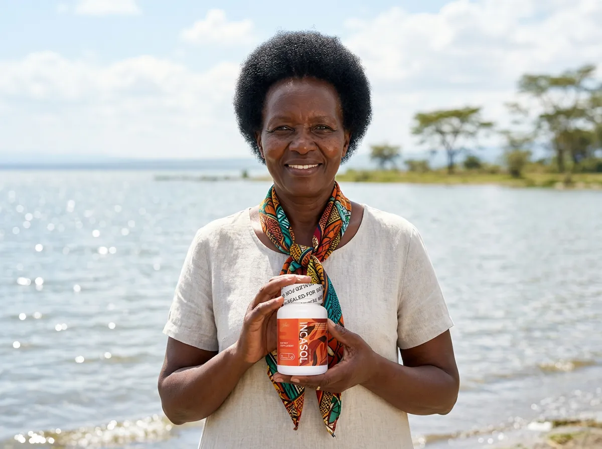 Kenyan woman sharing her positive Incasol blood pressure review by the lake