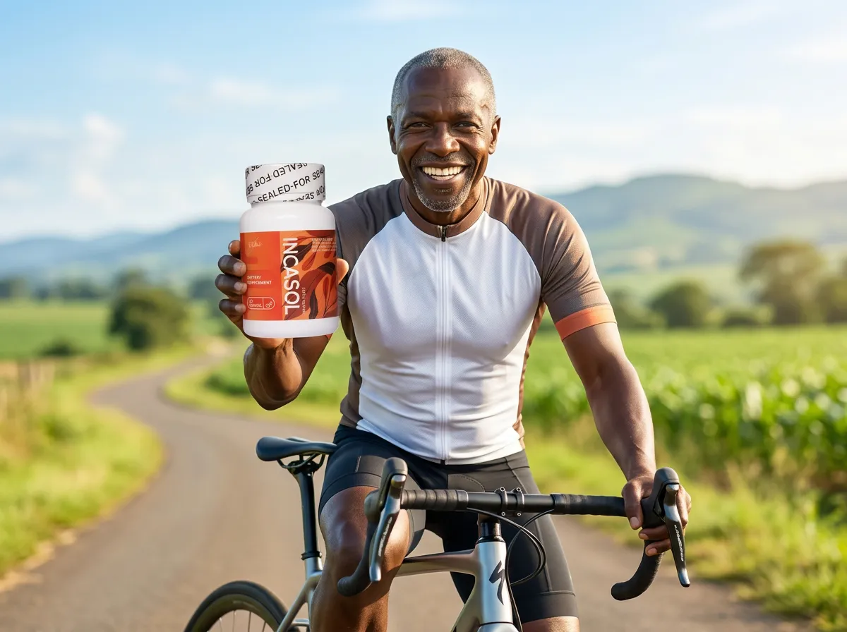 Active Kenyan man cycling, supporting heart health with Incasol