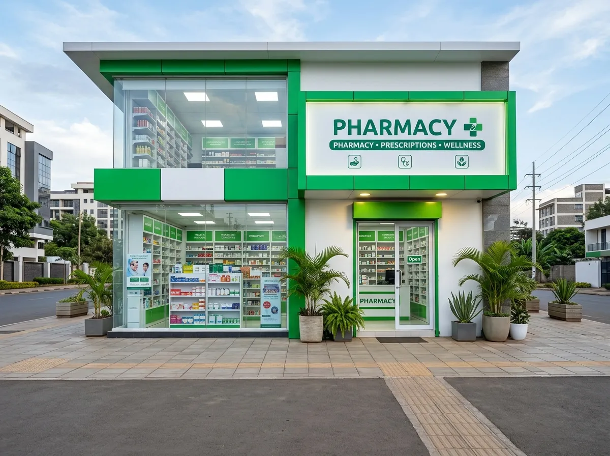 Modern pharmacy storefront in Nairobi, Kenya
