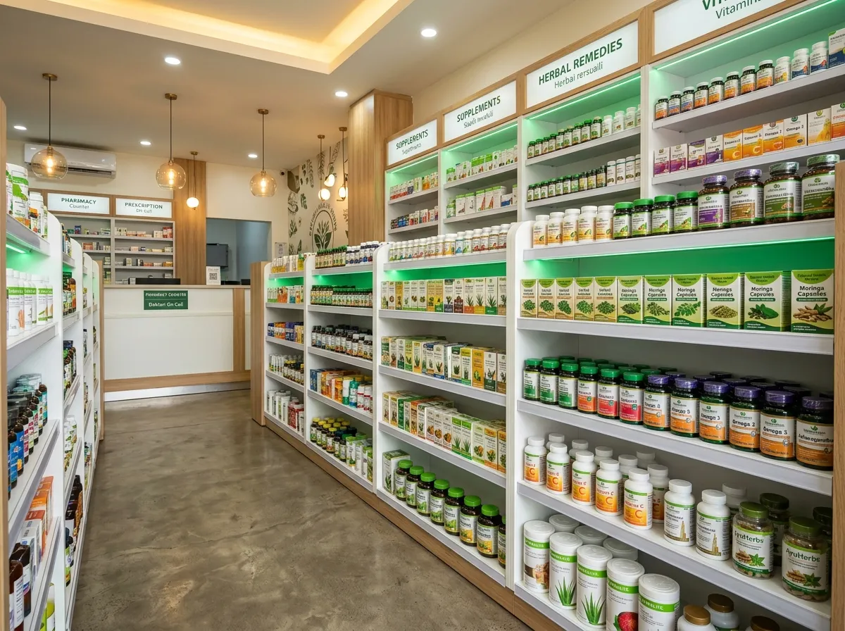Clean pharmacy interior shelves in Kenya without Incasol on display