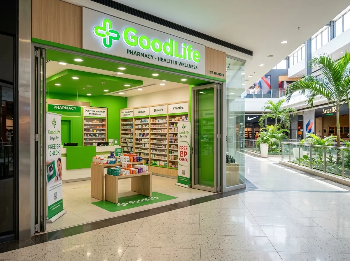 Entrance to a Kenyan mall pharmacy like Naivas