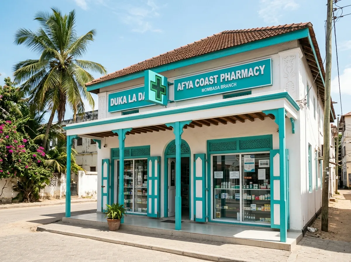 Street-level pharmacy shopfront, Mombasa style, Kenya