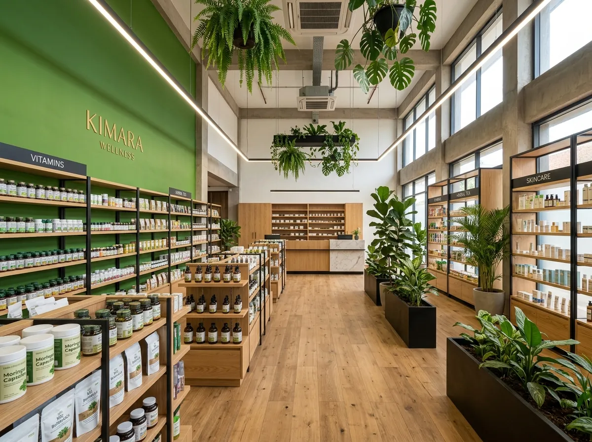 Wide view of a wellness pharmacy interior in Kenya